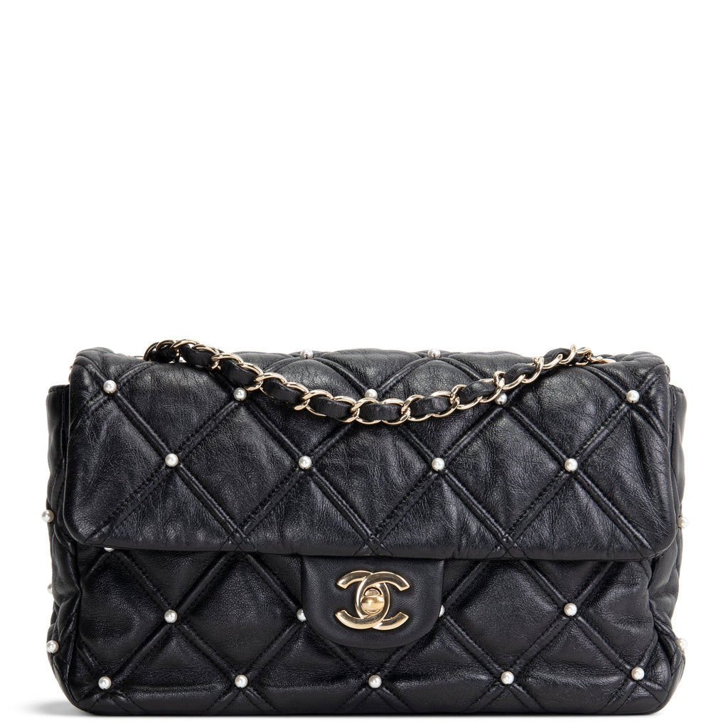 CH CC Flap Pearl Studded Quilted Lambskin - Black
