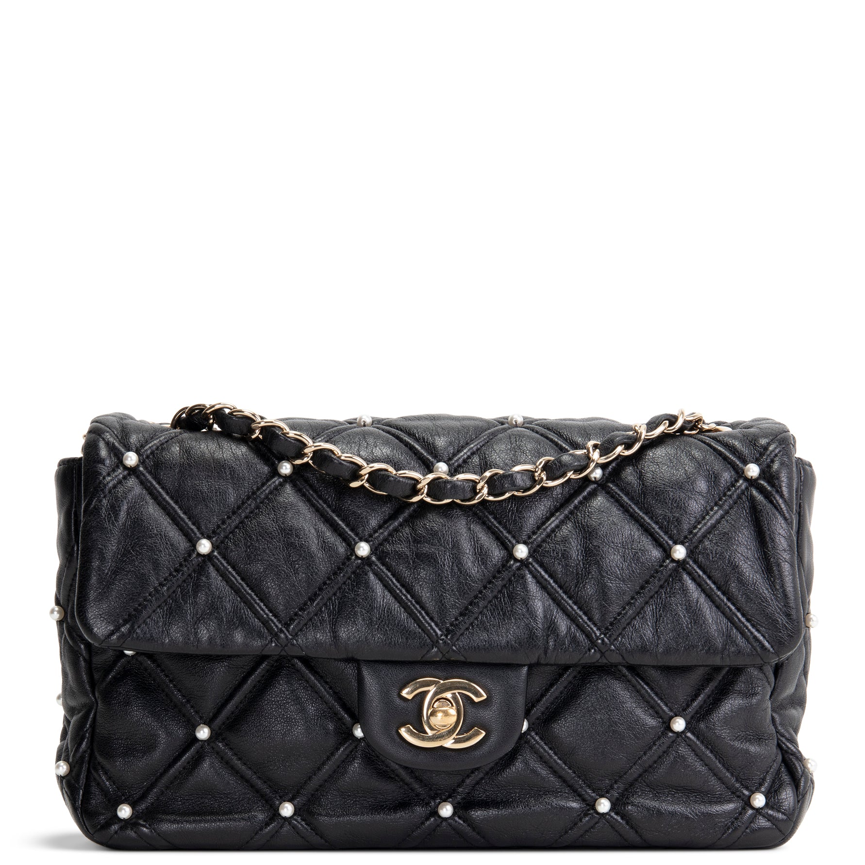 CH CC Flap Pearl Studded Quilted Lambskin - Black