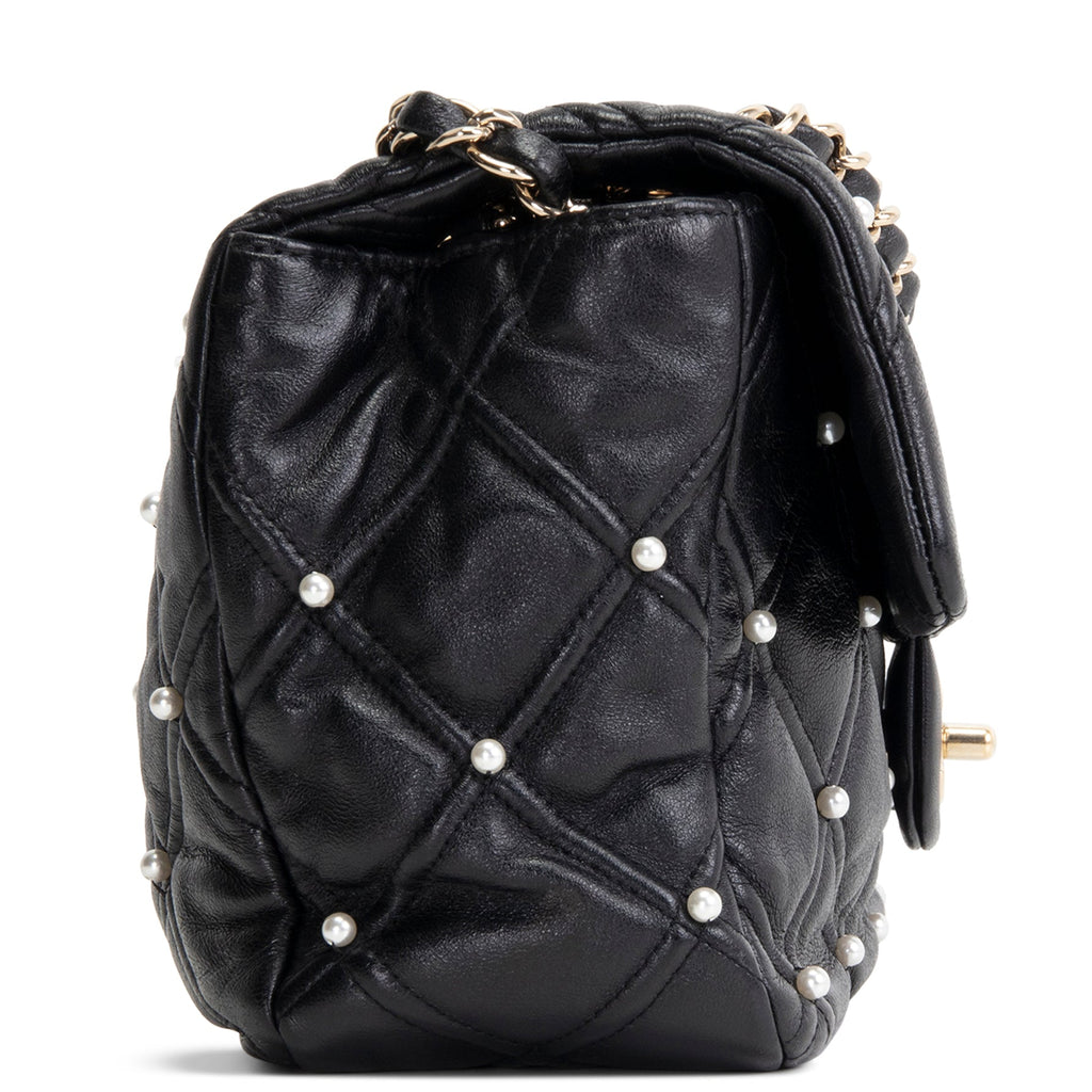 CH CC Flap Pearl Studded Quilted Lambskin - Black