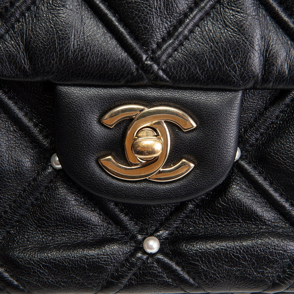 CH CC Flap Pearl Studded Quilted Lambskin - Black