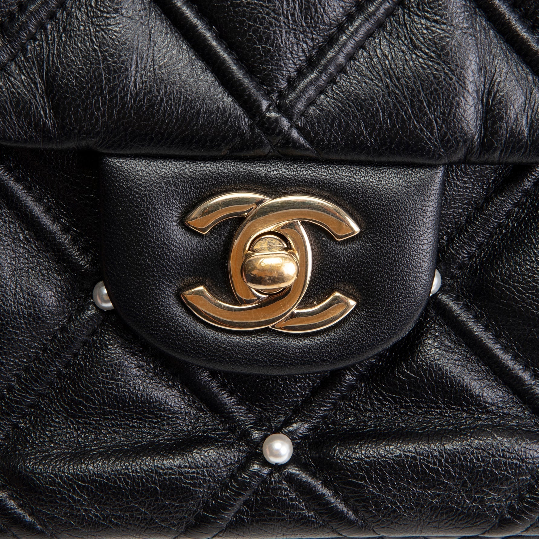 CH CC Flap Pearl Studded Quilted Lambskin - Black