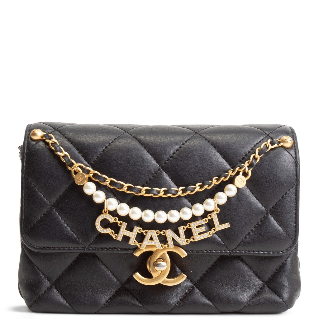 CH Pearl Logo Lambskin Flap Bag - Black