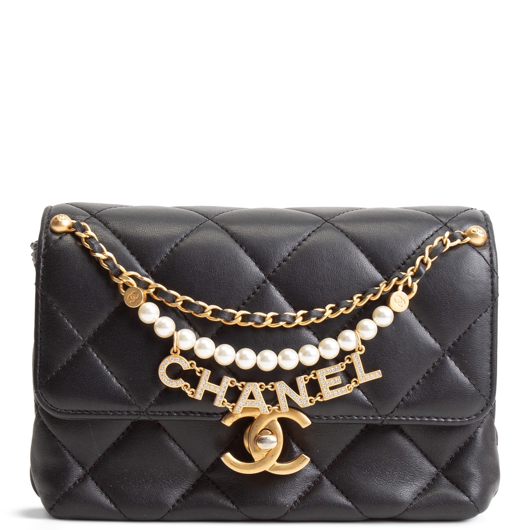 CH Pearl Logo Lambskin Flap Bag - Black
