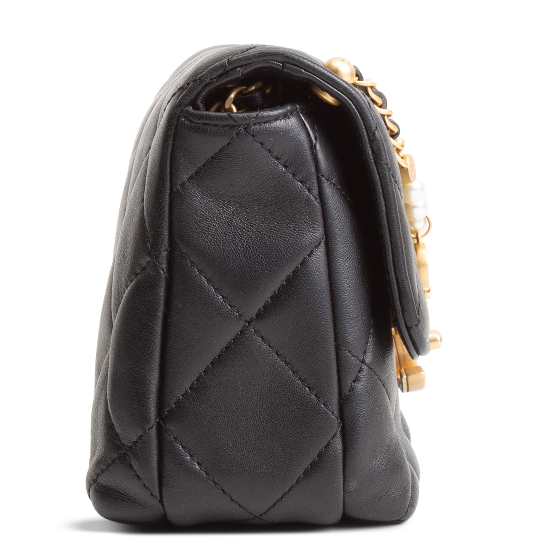 CH Pearl Logo Lambskin Flap Bag - Black