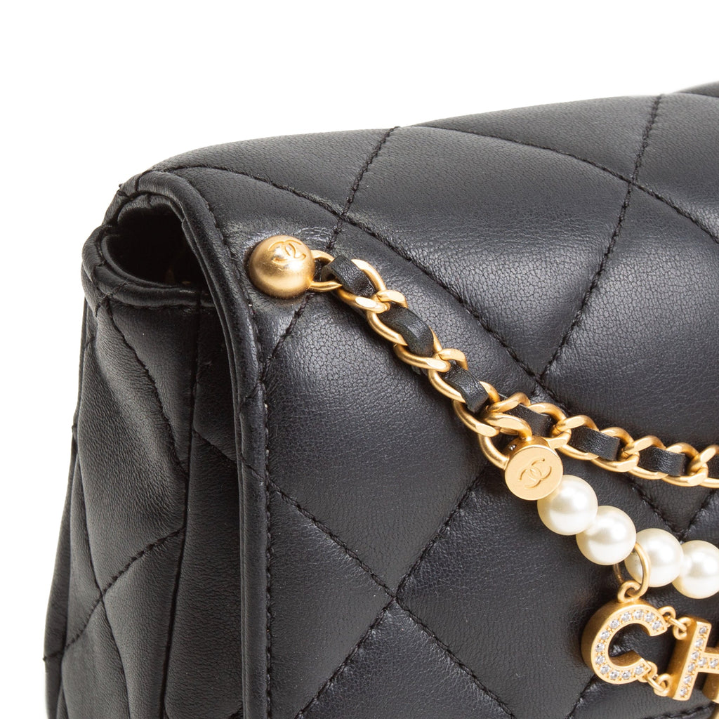 CH Pearl Logo Lambskin Flap Bag - Black