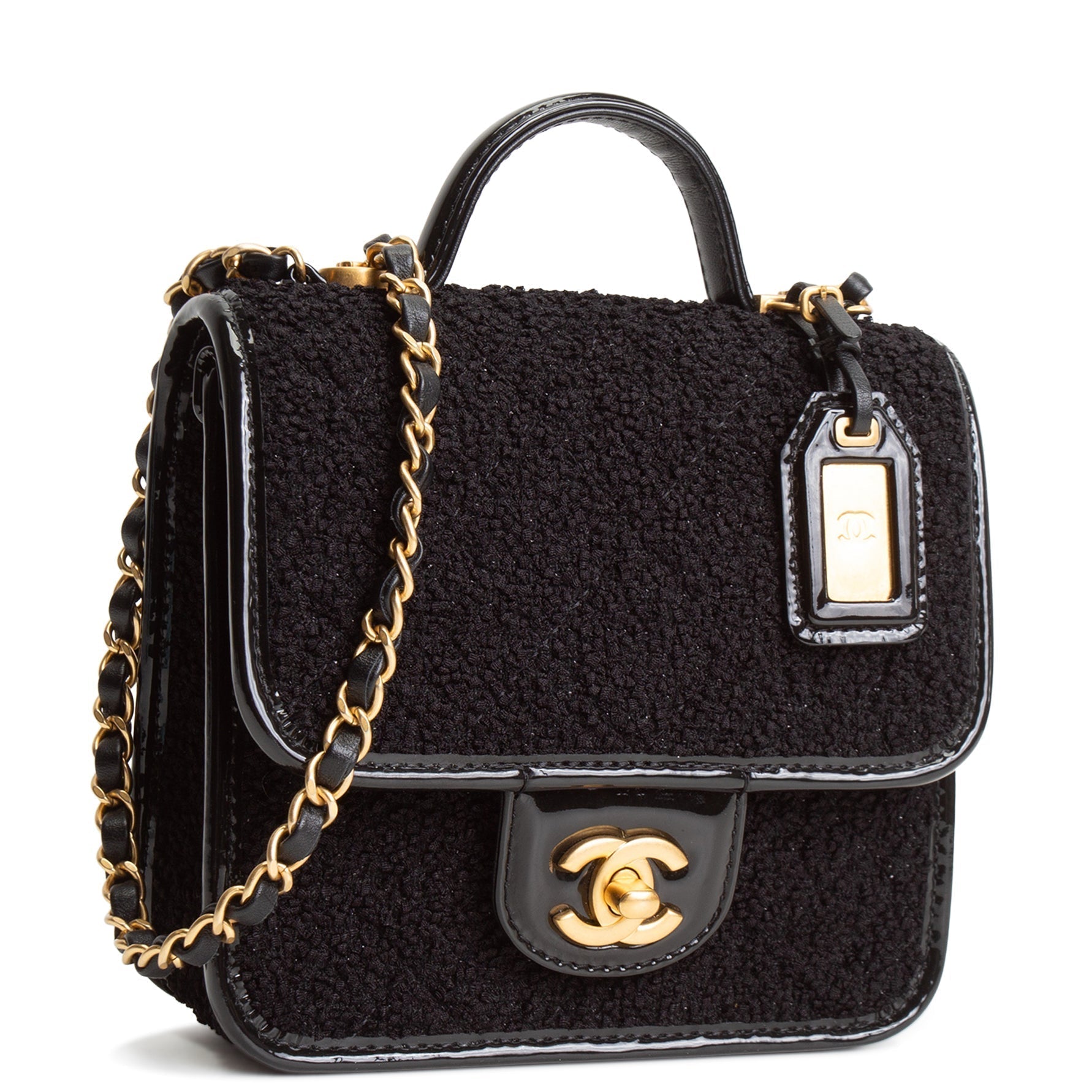 CH Tweed Top Handle School Memory Flap Bag - Black